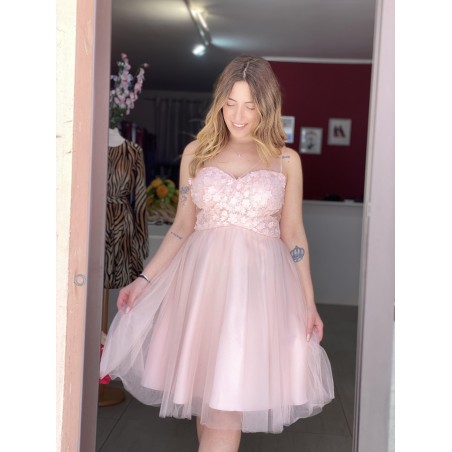 Abito Tulle Corto Rosa Fiori 3d