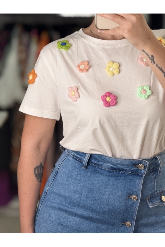T-Shirt Fiori Uncinetto Bianca