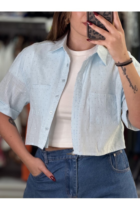 Camicia Lino Strass Azzurra