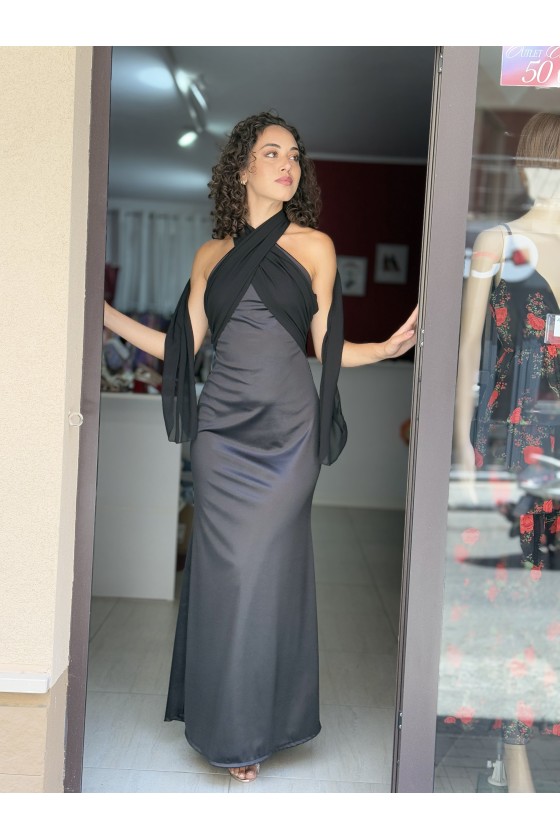 Abito Lungo Nero Satin Incrocio