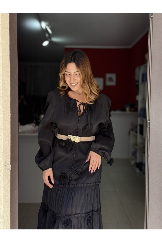 Abito Lungo Nero Fiori 3D