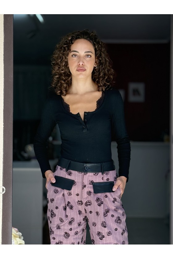 Maglia Cotone Bottoni e Merletto Nera
