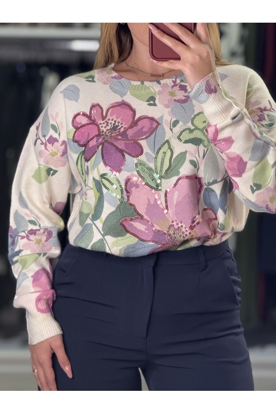 Pull Fiori Paillettes Tono Lilla
